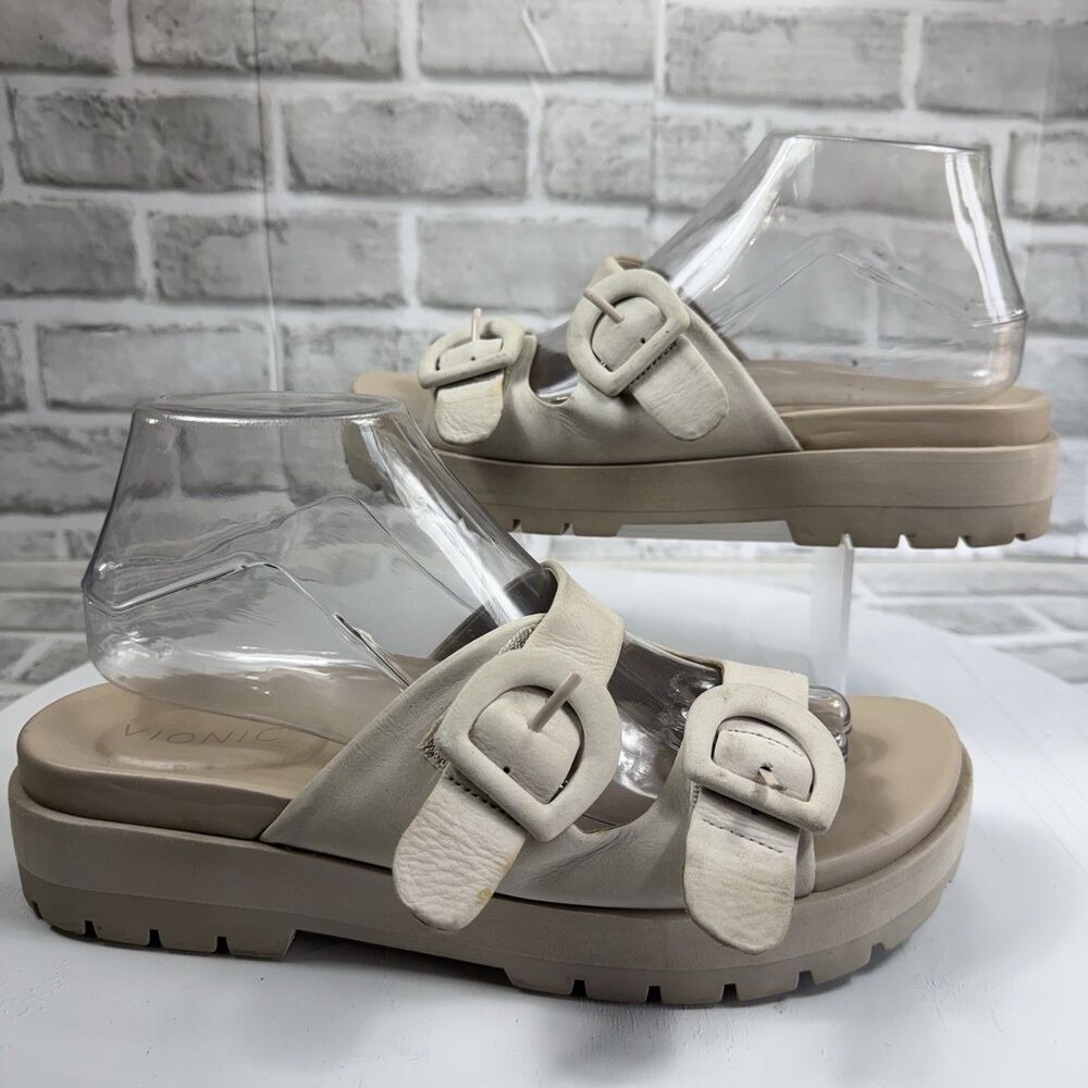 Vionic Capitola Women's 8 Tan Beige Leather Lug Sole Sandal Two Strap Sandals